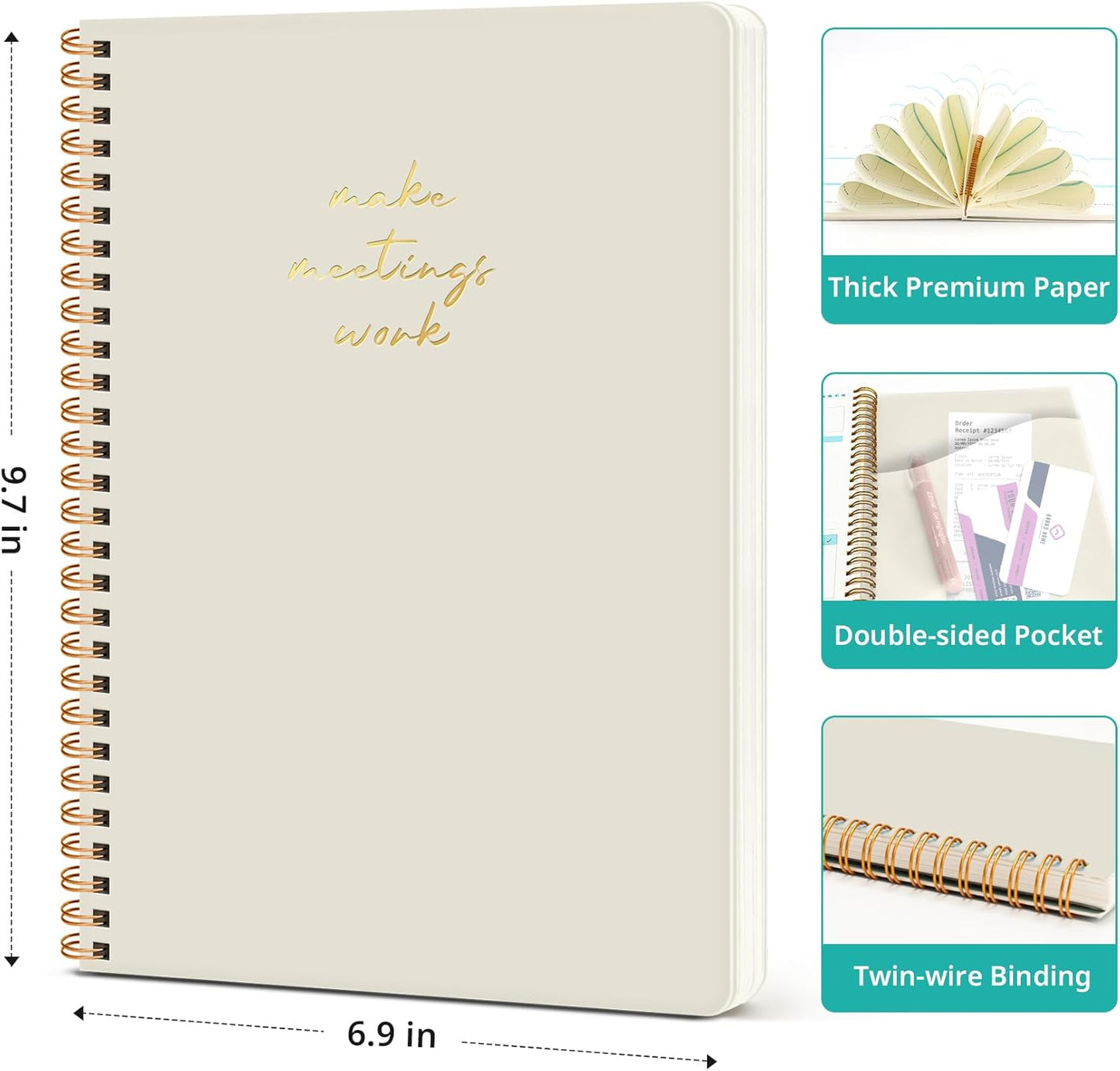 Taja Meeting Notebook for Work Organization - Work notebook with action items, Meeting Minutes Planner Notebook, Perfect Office Supplies for Men & Women - Beige