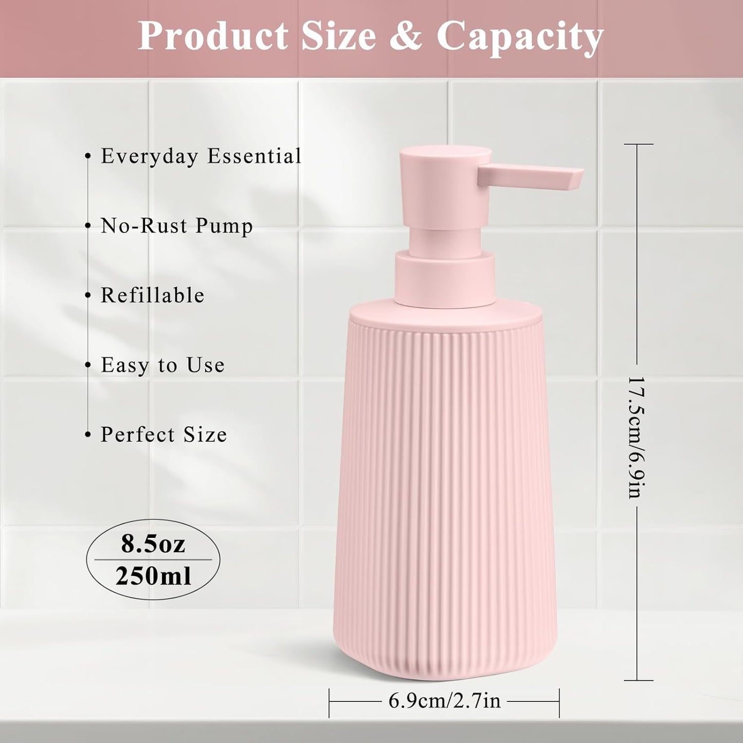 Pink 2 Pack Hand Soap Dispensers with No Rust Pump for Bathroom Kitchen or Vanity Countertops Refillable Striped Matte Plastic 8.5 oz Cute Design for Girls Room Decor