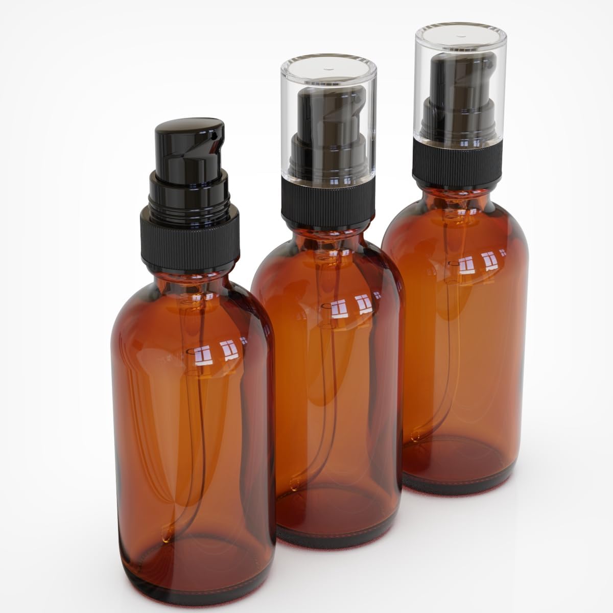 12Pack 2oz Amber Glass Pump Bottles, 60ml with Black Pump, Empty Refillable Travel Small Container For Lotion Cream Essentil Oil Shampoo (2oz)