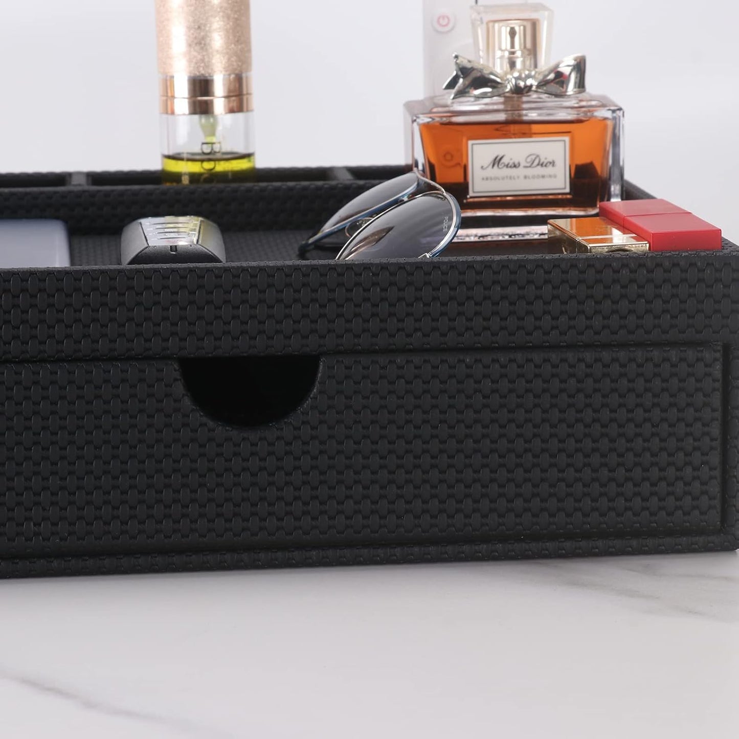 Leather Desk Organizer With Drawers, Home Cosmetics Organizer, Phone Remote Organizer, Drawer Plus Divider & Tray (black)