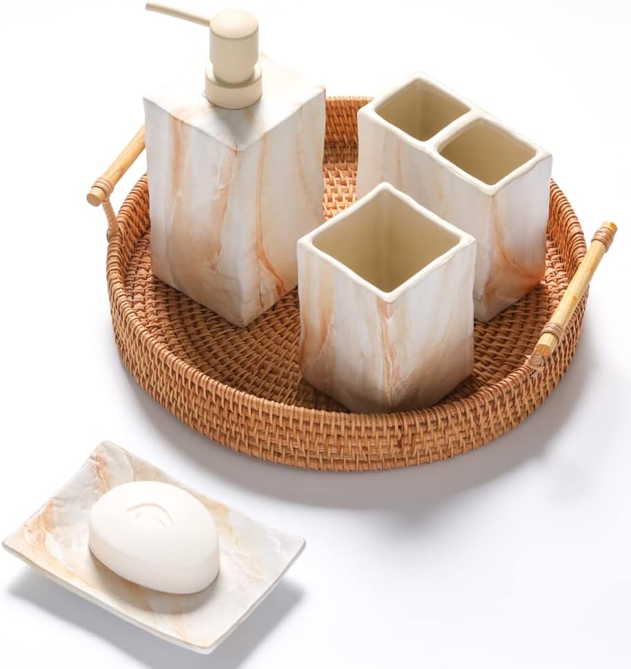 Bathroom Accessories Set 4 Pcs Marble Look Sets Toothbrush Holder Soap Dispenser Counter Top Ceramic Bathroom Decor Set Beige