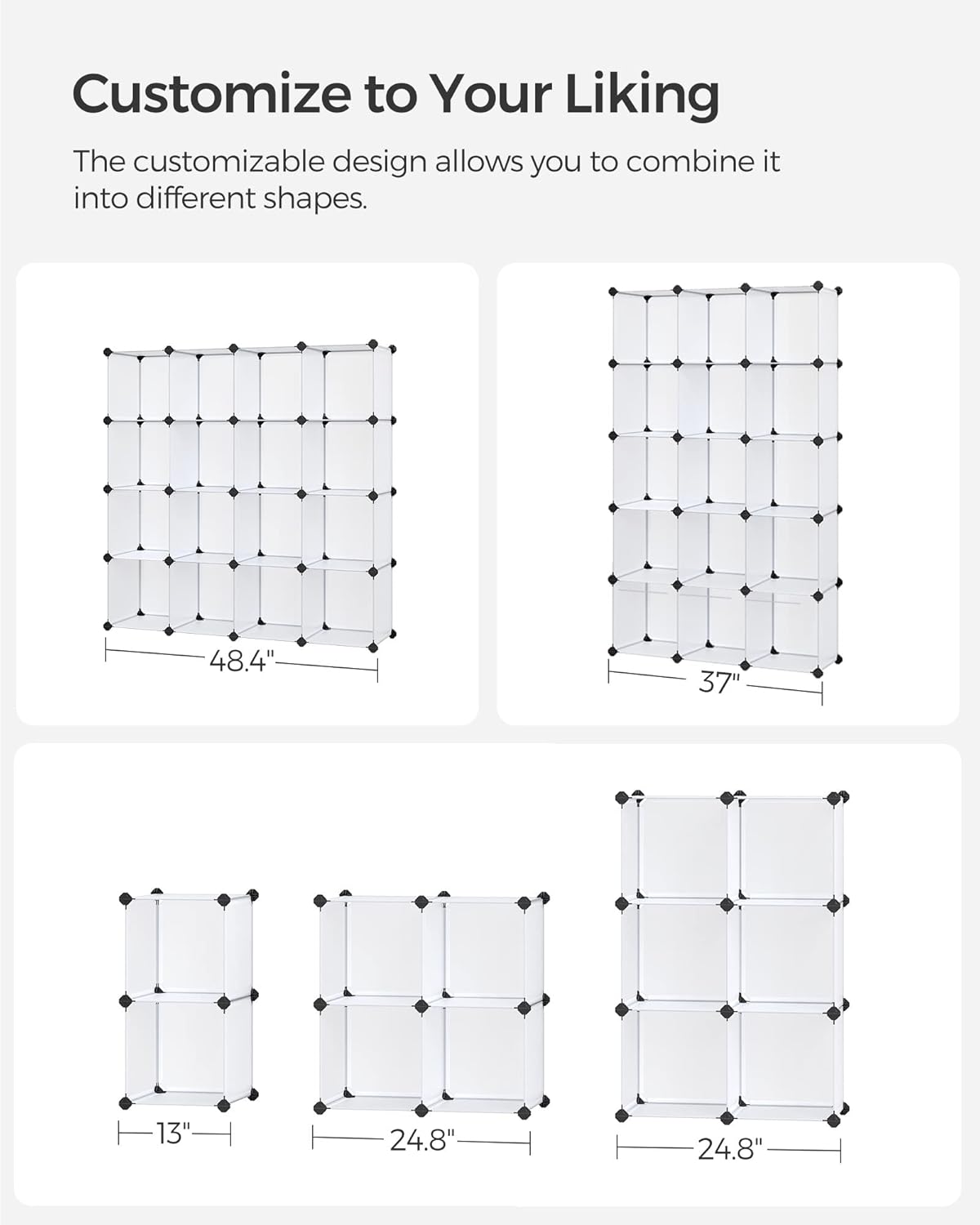 SONGMICS Cube Storage Organizer, Set of 16 Plastic Cubes, Book Shelf, Closet Organizers and Storage, Room Organization, Bedroom Living Room, 12.2 x 48.4 x 48.4 Inches, White ULPC44L