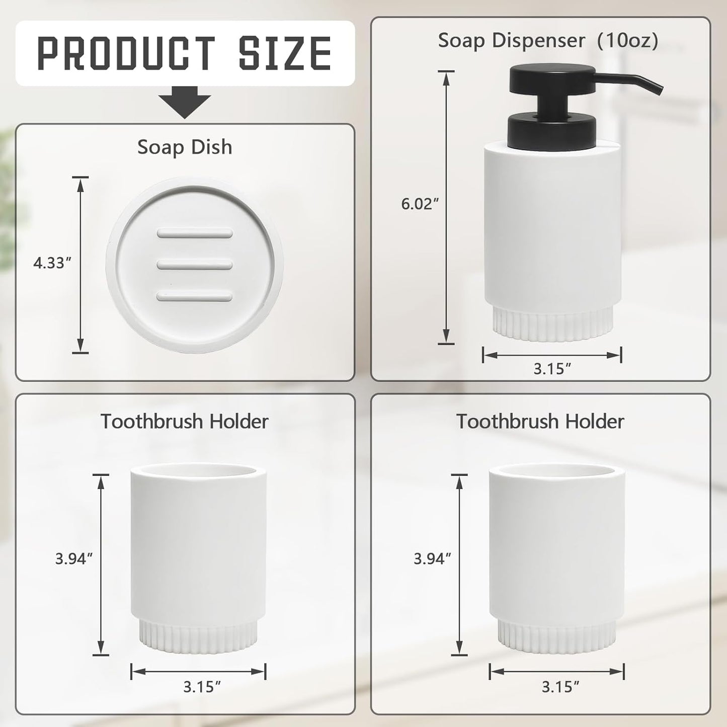 Resin Bathroom Accessories Set, 4 Pcs Modern Bathroom Accessory Set with Liquid Plastic Pump Lotion Soap Dispenser,2 Toothbrush Cup, Soap Dish Countertop Vanity Organizer(White)