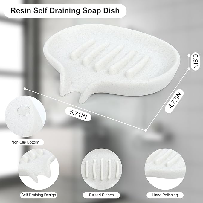 Soap Dish with Drain- Self Draining Bar Soap Holder for Shower, Marble Look Soap Savers Soap Tray Sponge Holder for Kitchen, Bathroom, Bathtub Sink, Crystal White
