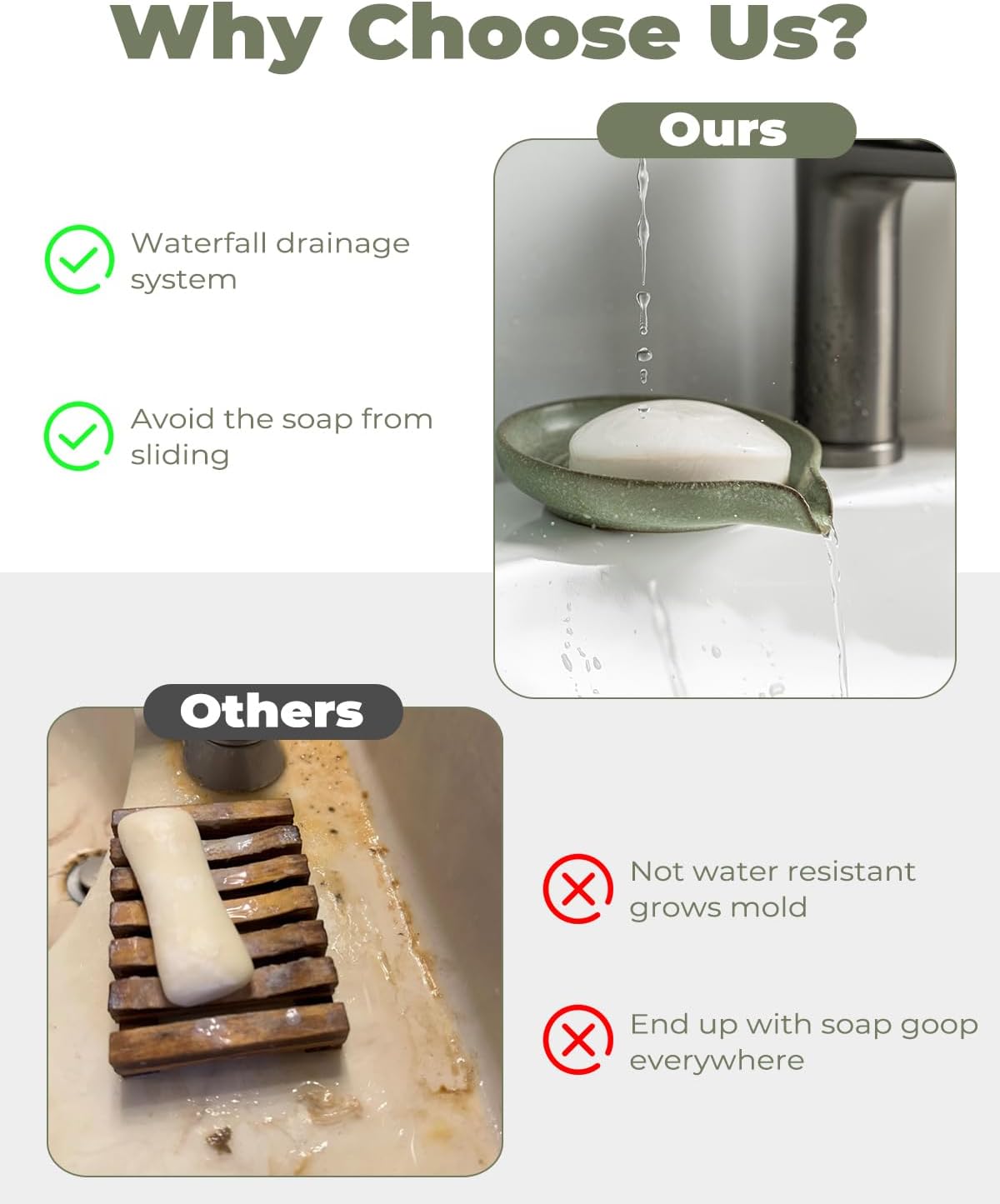 Soap Dishes, Ceramic Shower Soap Dish with Waterfall Design Bar Soap Holder Self Draining Soap Saver for Shower, Bathroom, Sink, Kitchen and Countertop, Green