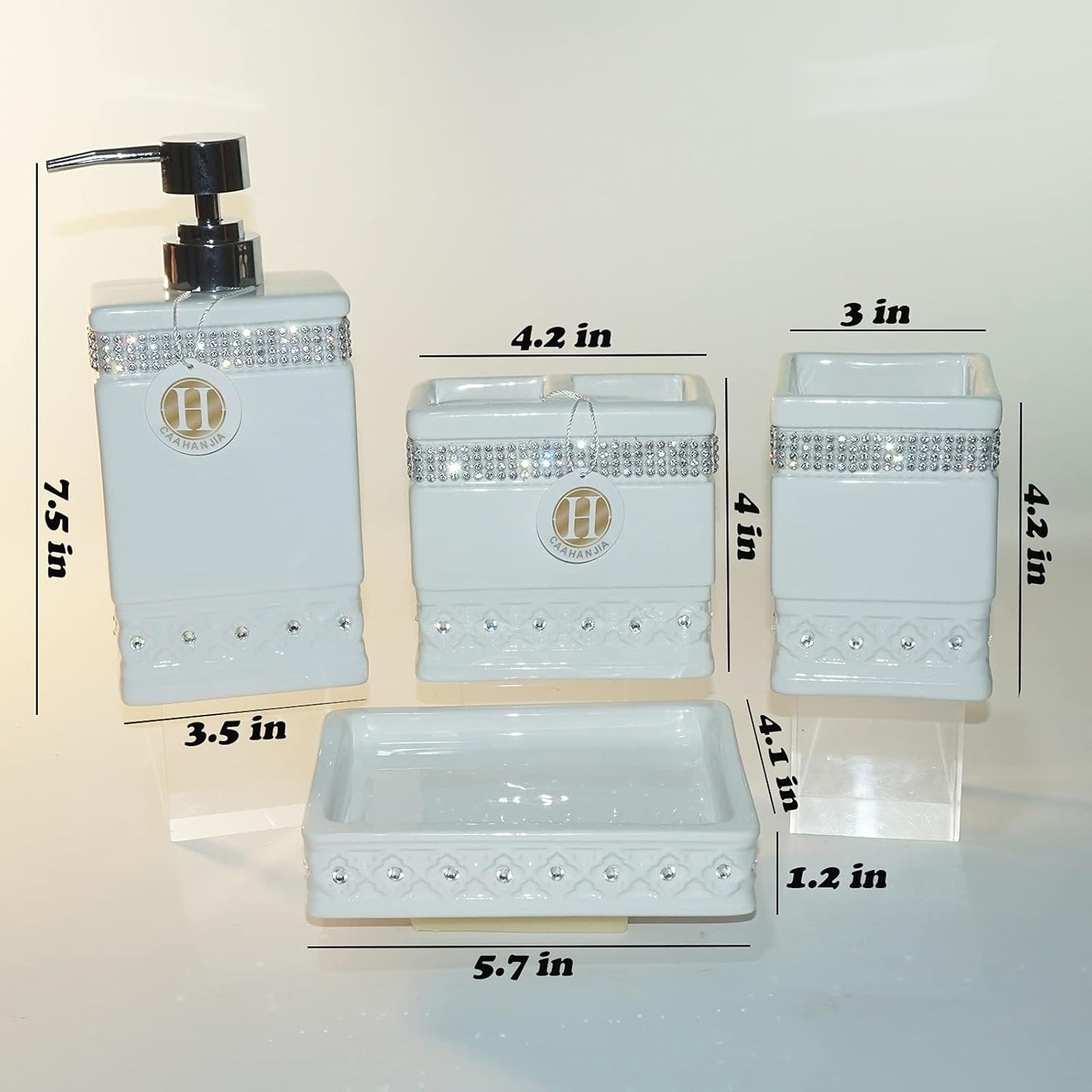 Bathroom Accessories Set 4 Pcs-Ceramic Gift Set Soap Dispenser Pump & Toothbrush Holder & Tumbler Cup & Soap Dish - Bathroom Home Decor Clearance, Countertop Vanity Organize (15 Ounce)