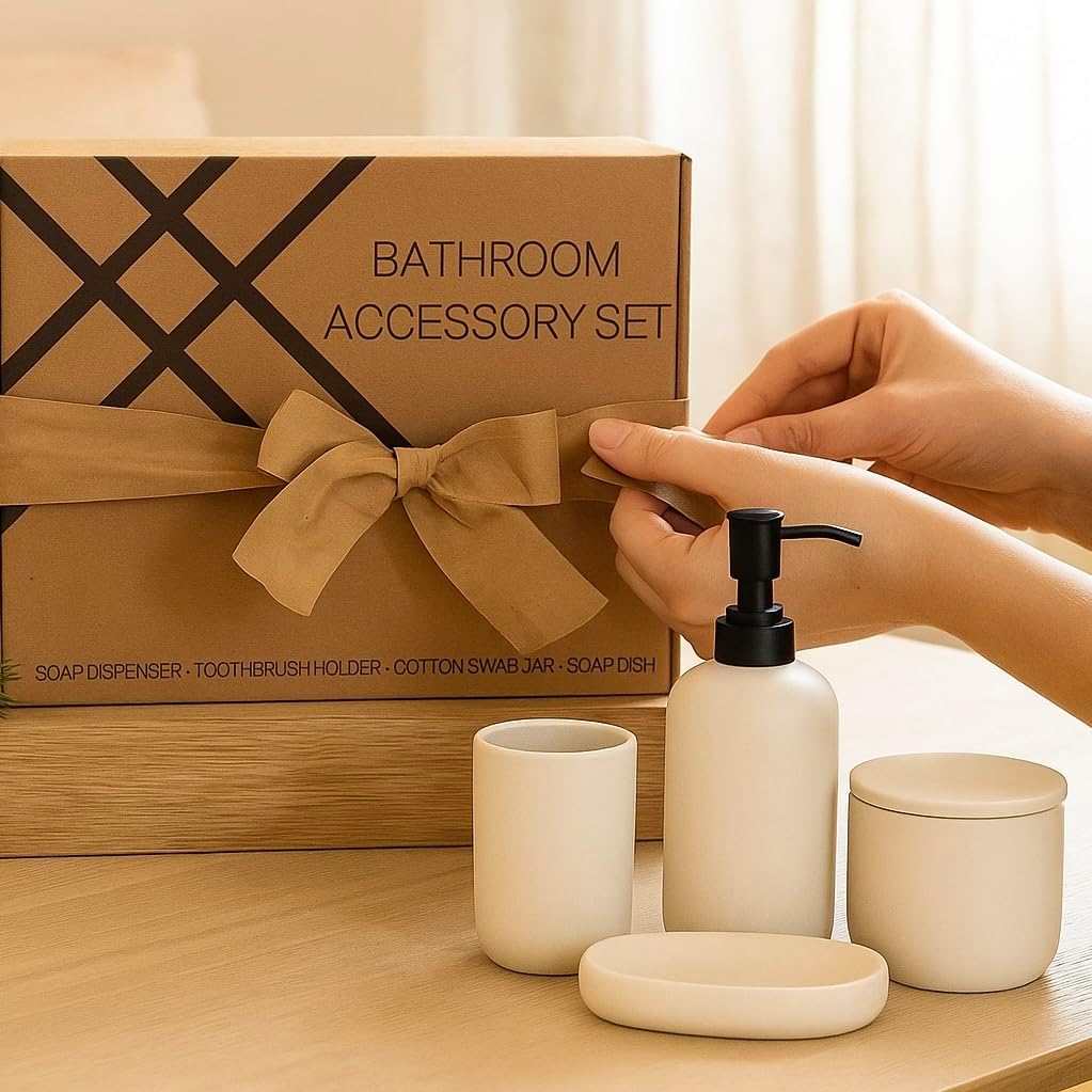 Ceramic Bathroom Accessories Set 4 Pcs – Modern Scandinavian Neutral Bathroom Soap Dispenser Set with Toothbrush Holder, Soap Dish & Cup – Minimalist Bathroom Accessory Set Decor - Cream/Light Beige