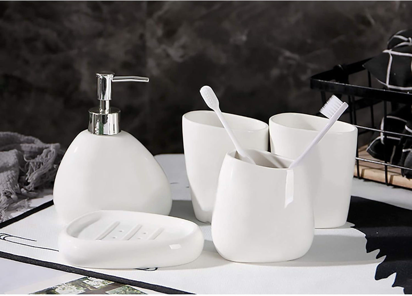 White Ceramic Bathroom Accessory Set, Bathroom Vanity Countertop Set, Bathroom Soap Dispenser and Toothbrush Holder Set Complete, 2 Tumbler Cup, Soap Dish, 5 Pieces
