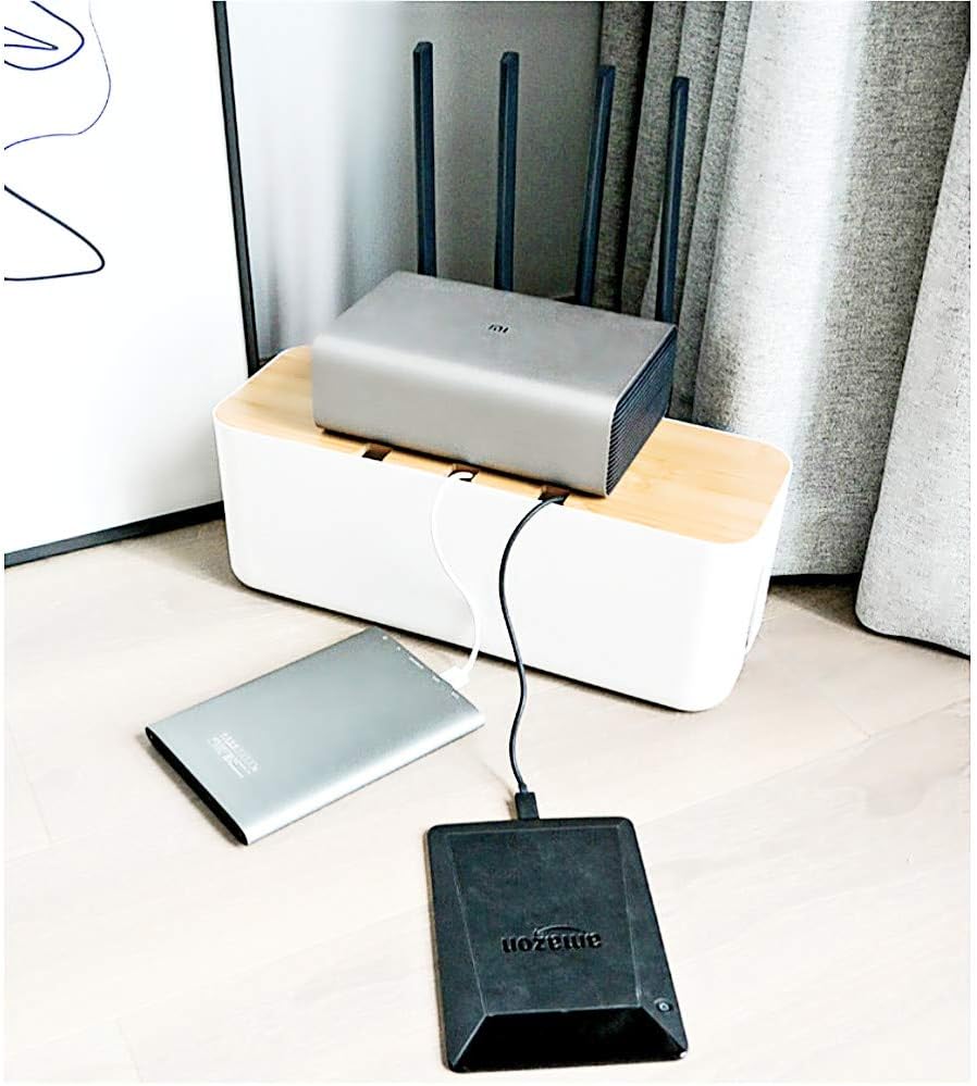 Cable Management Box| Power Stripe Organizer|Cord Organizer Box| Hide and Conceal Power Strips and Electrical Cords from TVs, Computers, and Desks| Keep Pets Safe (White Large)