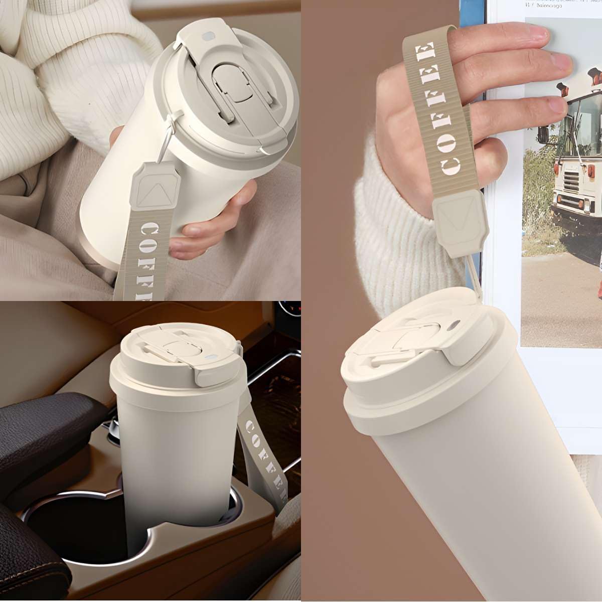 18 oz Insulated Coffee Mug with Straw and Lid, Durable Stainless Steel Coffee Cups with Strap, Reusable Iced&Hot Coffee Tumbler,Portable Coffee Travel Mug for Car, Camping-Creamy White