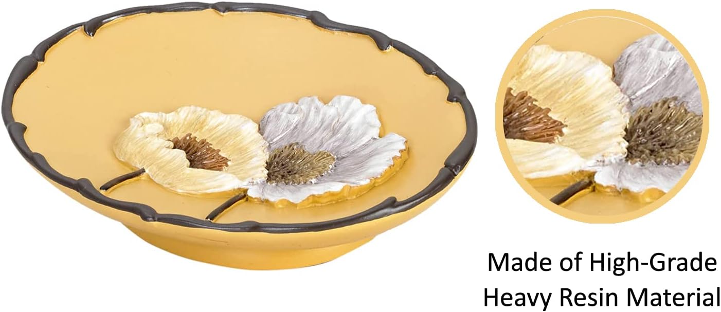 Zahari Home 4pc Poppy Fields Yellow Bathroom Accessories Set Hand Soap Dispenser, Tumbler, Tooth Brush Holder and Soap Dish Modern Contemporary Decor Complete Bathroom Sets with Shower Curtains