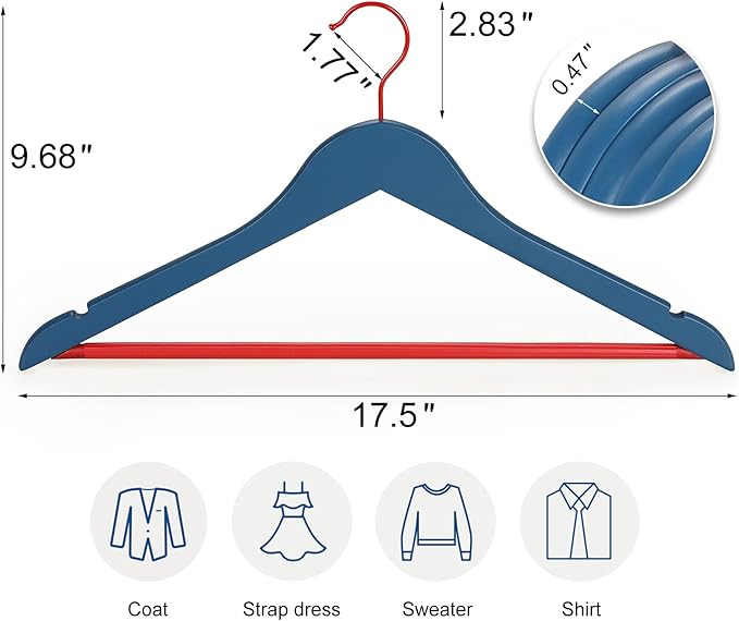 TOPIA HANGER Premium Wooden Hangers with Non-Slip Pant Bar, 360°Swivel Hook and Shoulder Notches, 16 Pack Solid Wood Clothes Hangers for Suit, Coat, Jacket, Camisole(Blue/Red)-CT35BR2