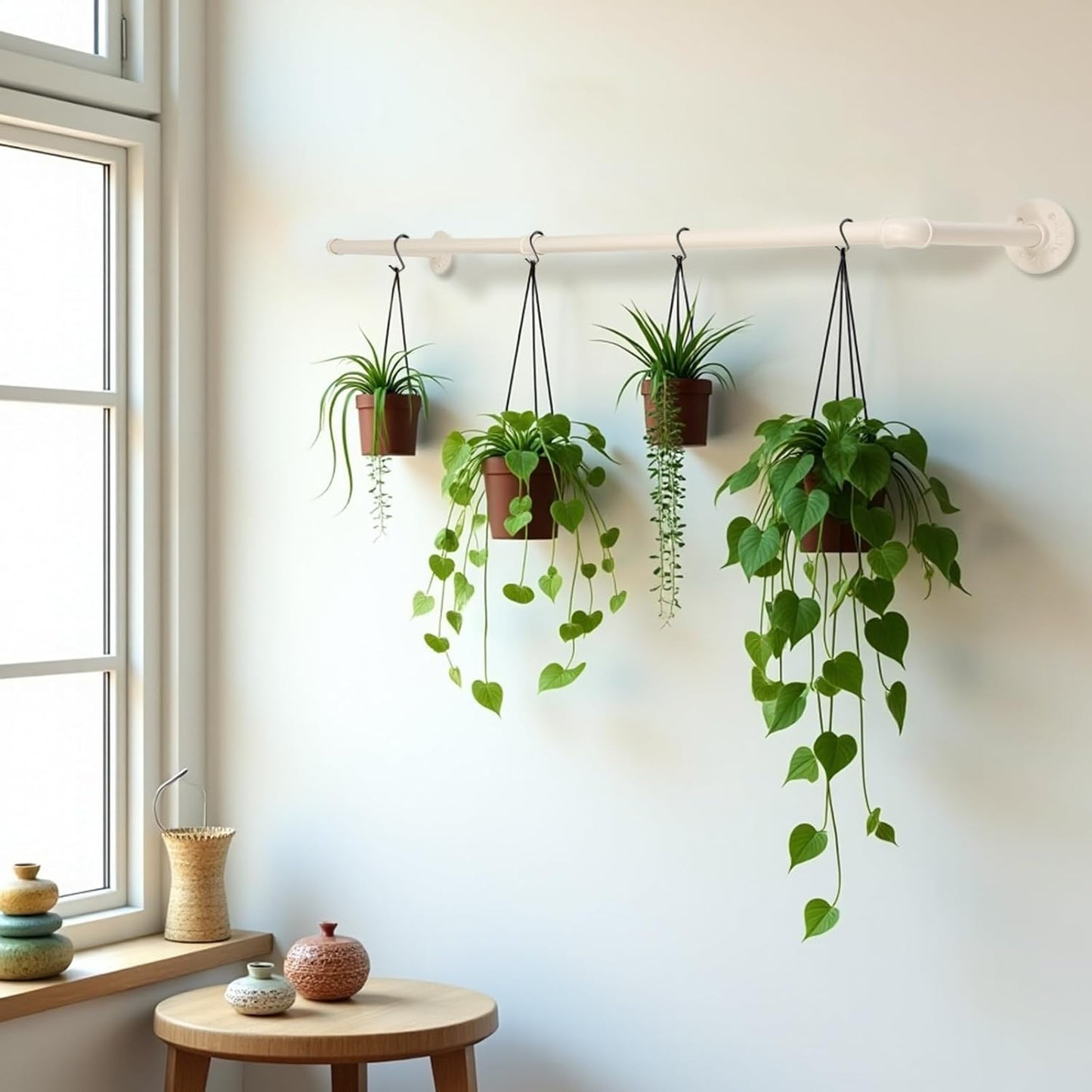 48" White Wall Mounted Clothes Rack, Industrial Pipe Iron Garment Bar, Heavy-Duty Detachable Clothing Rod, Multi-Purpose Metal Wall Display Hanging Pole for Closet Storage, Laundry Room 2 Base