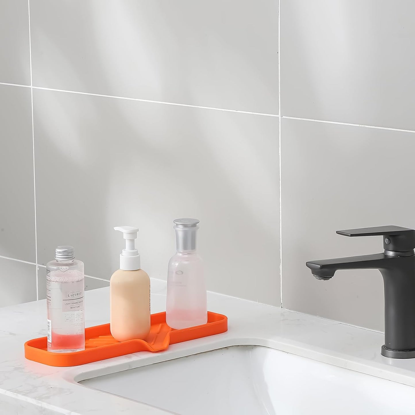 Silicone Bathroom Soap Dishes with Drain Spout-Bathroom and Kitchen Sink Organizer,Sponge Holder,Dish Soap Tray,Perfect for Dispenser,Scrubber,Bottle,Cup on Sink or Counter-Orange 12"×4"