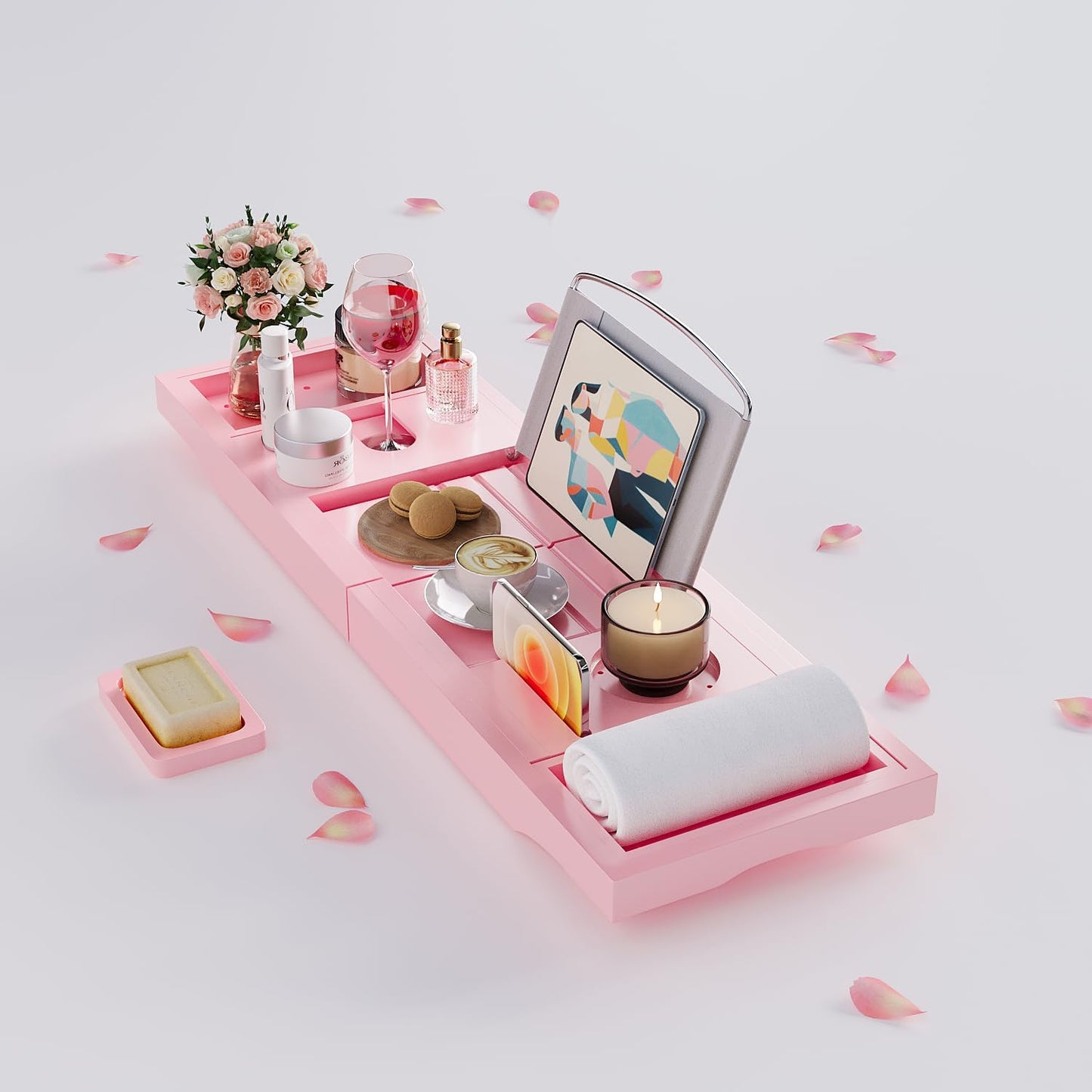 Foldable Bathtub Caddy Tray, Bamboo Bath Tub Tray Table for Tub with Wine Glass Holder Book Phone Tablet Holder with Extending Sides, Adjustable Bathroom Bathtub Free Soap Holder Gift Idea (Pink)