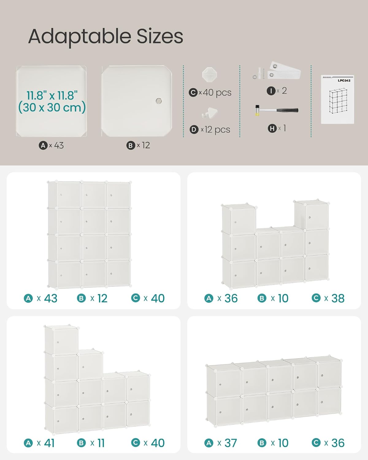 SONGMICS Cube Storage Organizer, Set of 12 Plastic Cubes, Closet Storage Shelves, DIY Plastic Closet Cabinet, Modular Bookcase, Shelving with Doors for Bedroom, Living Room, Cream White ULPC342W02