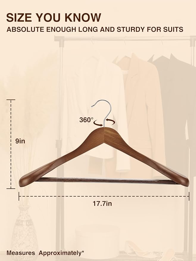 SMARTOR Suit Hangers for Men 12 Pack, Wide Shoulder Wooden Suit Hangers with Non Slip Pants Holder, Wide Hanger for Suit, Coat, Jacket, Gown, Heavy Duty Wood Suit Hanger, Walnut