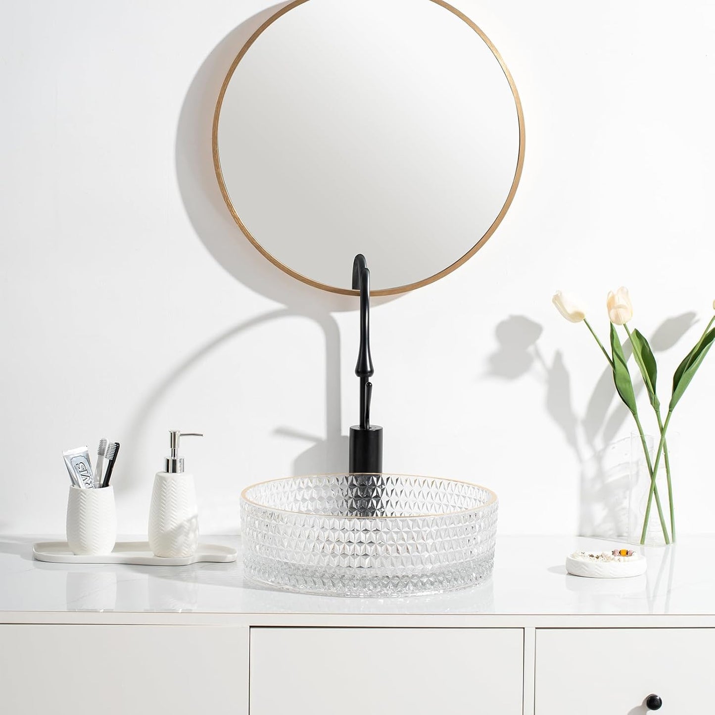 White Bathroom Accessories Set, 3pcs Ceramic Wave Design Farmhouse Decor, Complete countertop Bathroom Decor with soap Dispenser,Toothbrush Holder and soap Dish for Stylish Bathroom Organization