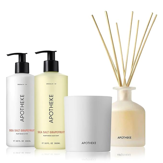 Apotheke Sea Salt Grapefruit Bundle with Scented Candles, Oil Reed Diffuser, Body Lotion & Bar Soap