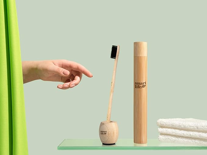 Bamboo Charcoal Toothbrush with Travel Case & Holder Kit - Extra Soft Natural Bristles for Sensitive Teeth | Eco Friendly Portable Wooden Travel Set | Single Wood Toothbrushes Stand & Cover