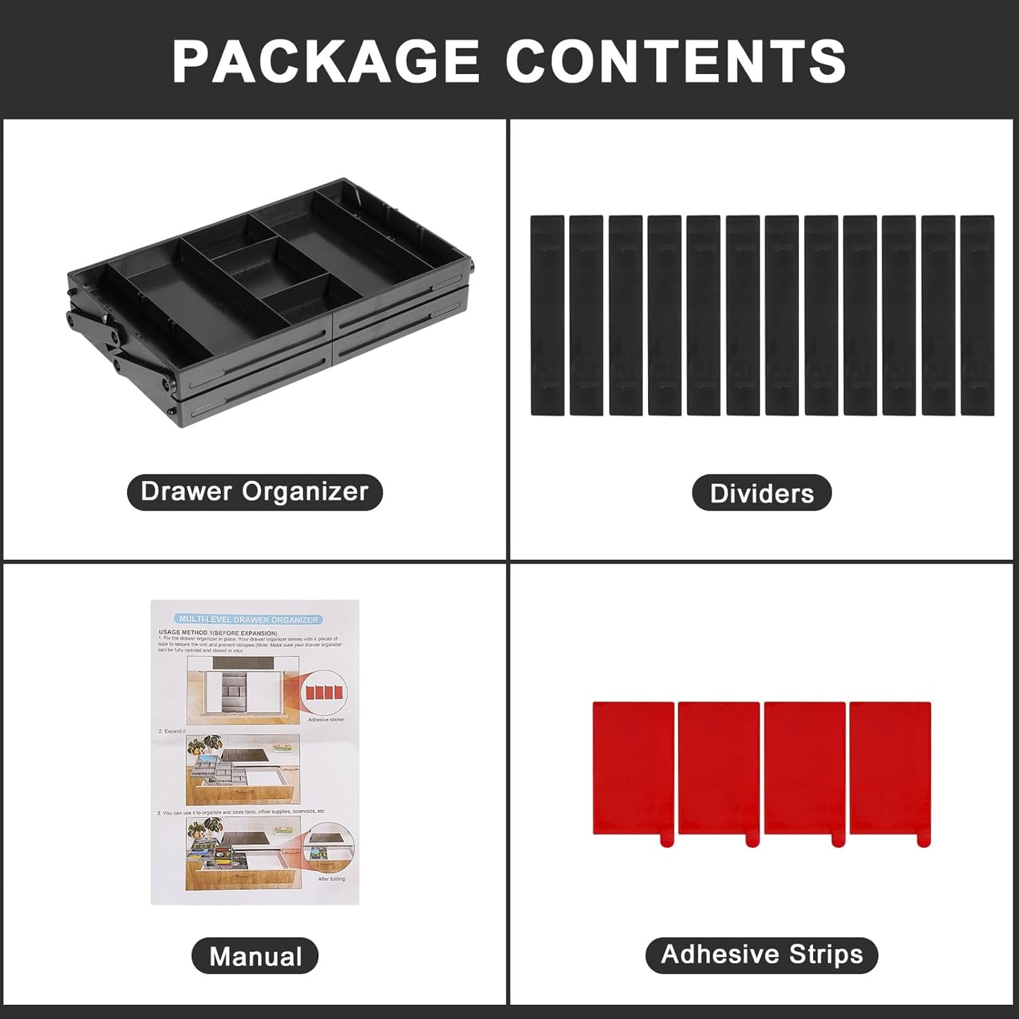 Aobiono Multi Level Smart Drawer Organizer, Multi Tier Expandable Storage Collapsible Foldable Trays for Jewelry, Cosmetics, Makeup, Tools, Battery (Black, Single Row - 2 Levels)