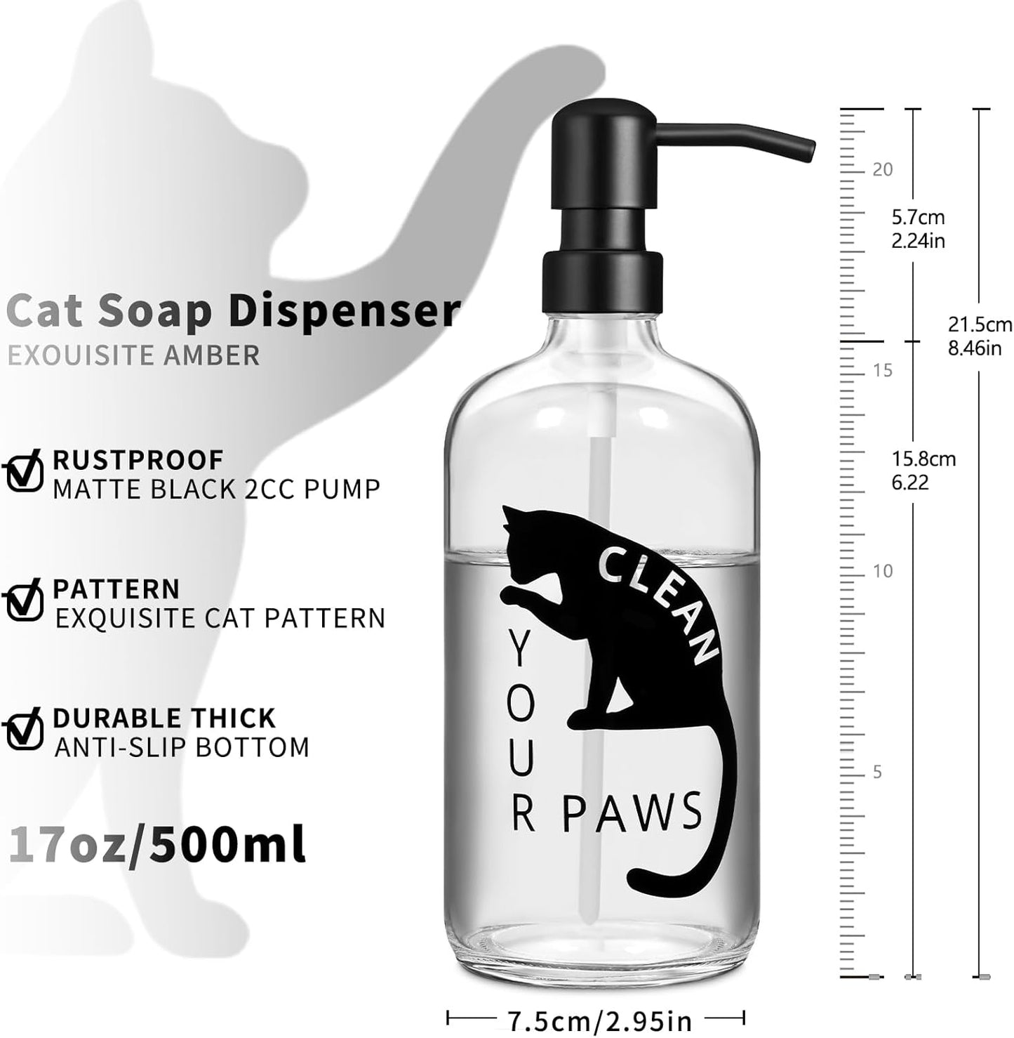 Black Cat Soap Dispenser 17 oz Clear Glass Hand Soap Bottle with 304 Stainless Steel Pump for Bathroom or Kitchen Countertop Cat Lover Gift Idea