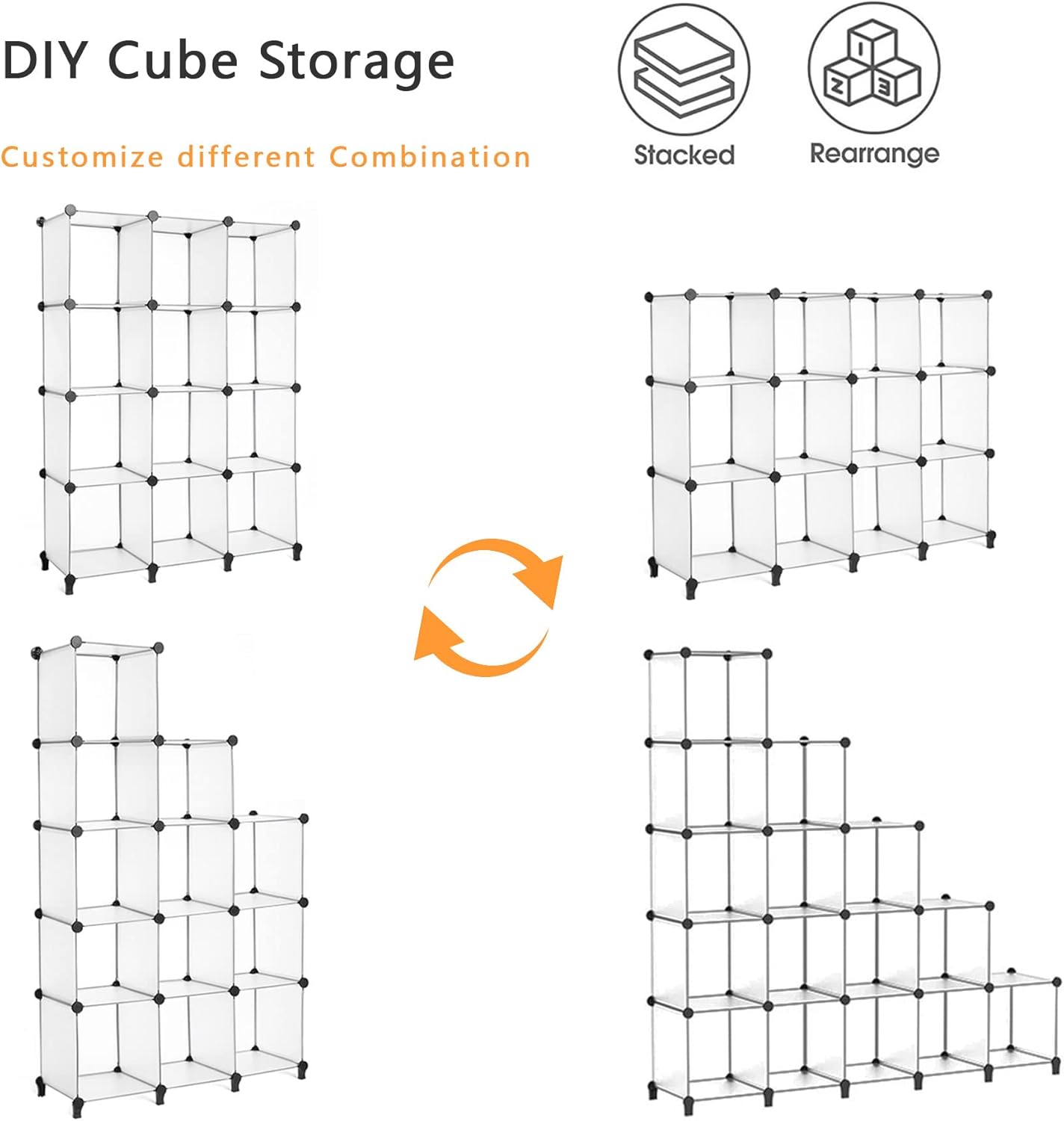 AWTATOS Cube Storage Organizer Storage 12 Cube Bookshelf DIY Plastic Closet Storage Shelves with Wooden Mallet, Ideal Storage Solution for Home, Bedroom, Translucent White