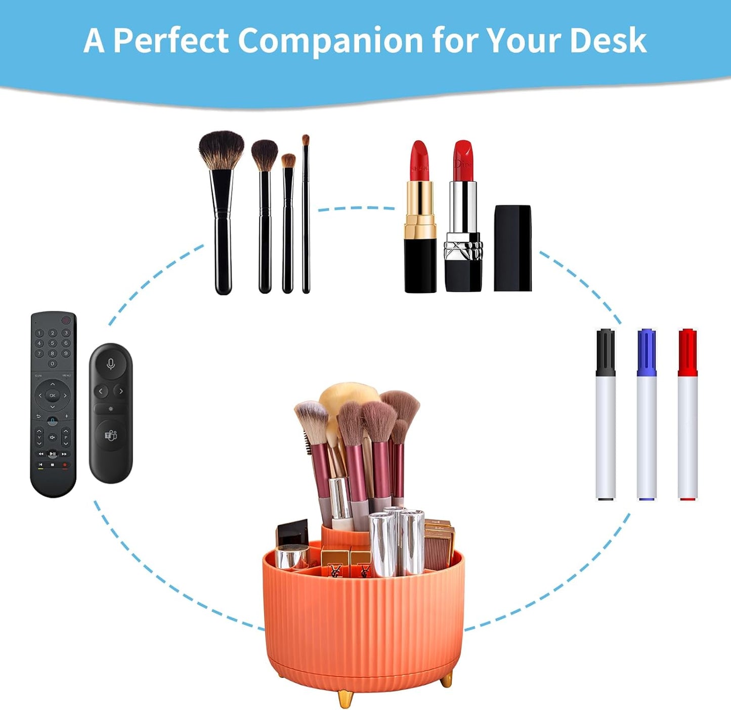 Marbrasse Desk Organizer, 360-Degree Rotating Pen Holder, Desk Organizers and Accessories with 5 Compartments Pencil Holder, Art Supply Storage Box Caddy for Office, Home(Orange)