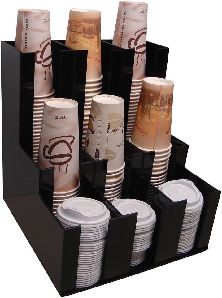 RCS Plastics Verticle Coffee Cup Dispenser and Lid Holder Condiment Stirrer, Sugar Cup Caddy Organizer and Display Your Coffee Station Counter with Style 3wx3d (1008) 12"x12"x12"