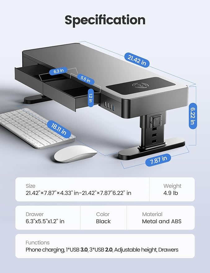 meatanty Monitor Stand Heights Adjustable, Computer Riser with Auto Phone Charger, 4 USB Ports Hub and Drawer Storage, Metal Desktop Organizer Lifter Shelf for PC Screen Studio Display Office Gaming