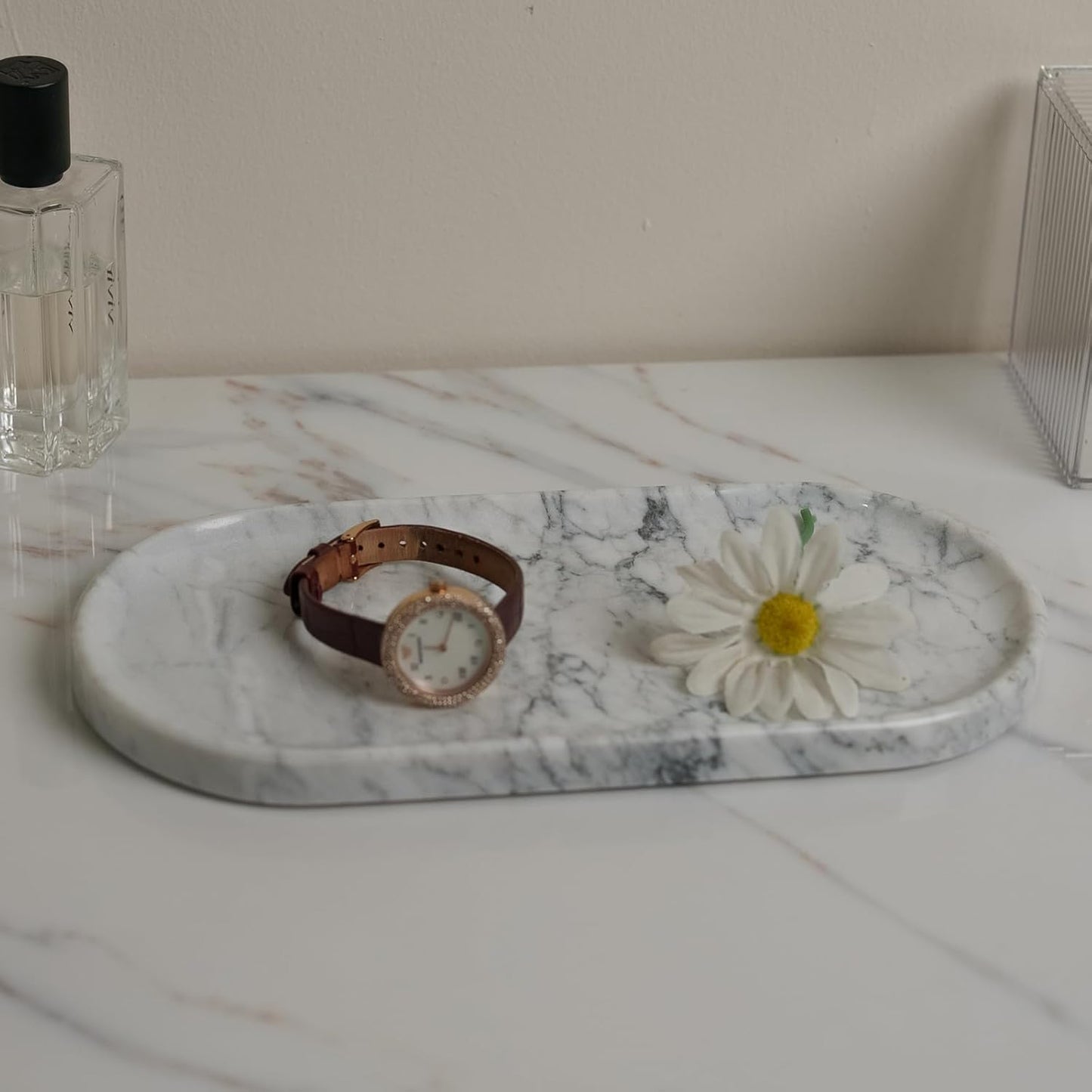 Natural Marble Tray 9.8”x4.7”x0.6” | Hand-Polished Oval Stone Tray for Bathroom Vanity & Jewelry Display – Durable, Unique Vein Patterns (Carrara White)