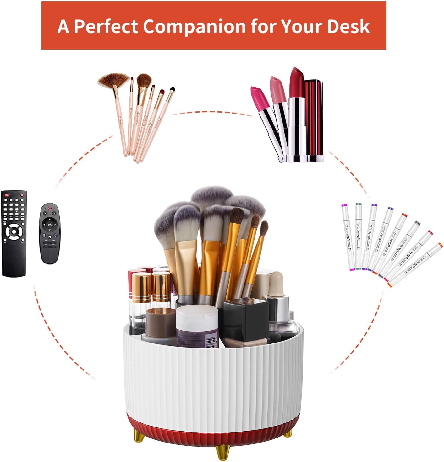 Marbrasse Desk Organizer, 360-Degree Rotating Pen Holder, Desk Organizers and Accessories with 5 Compartments Pencil Holder, Art Supply Storage Box Caddy for Office, Home (White+Red)