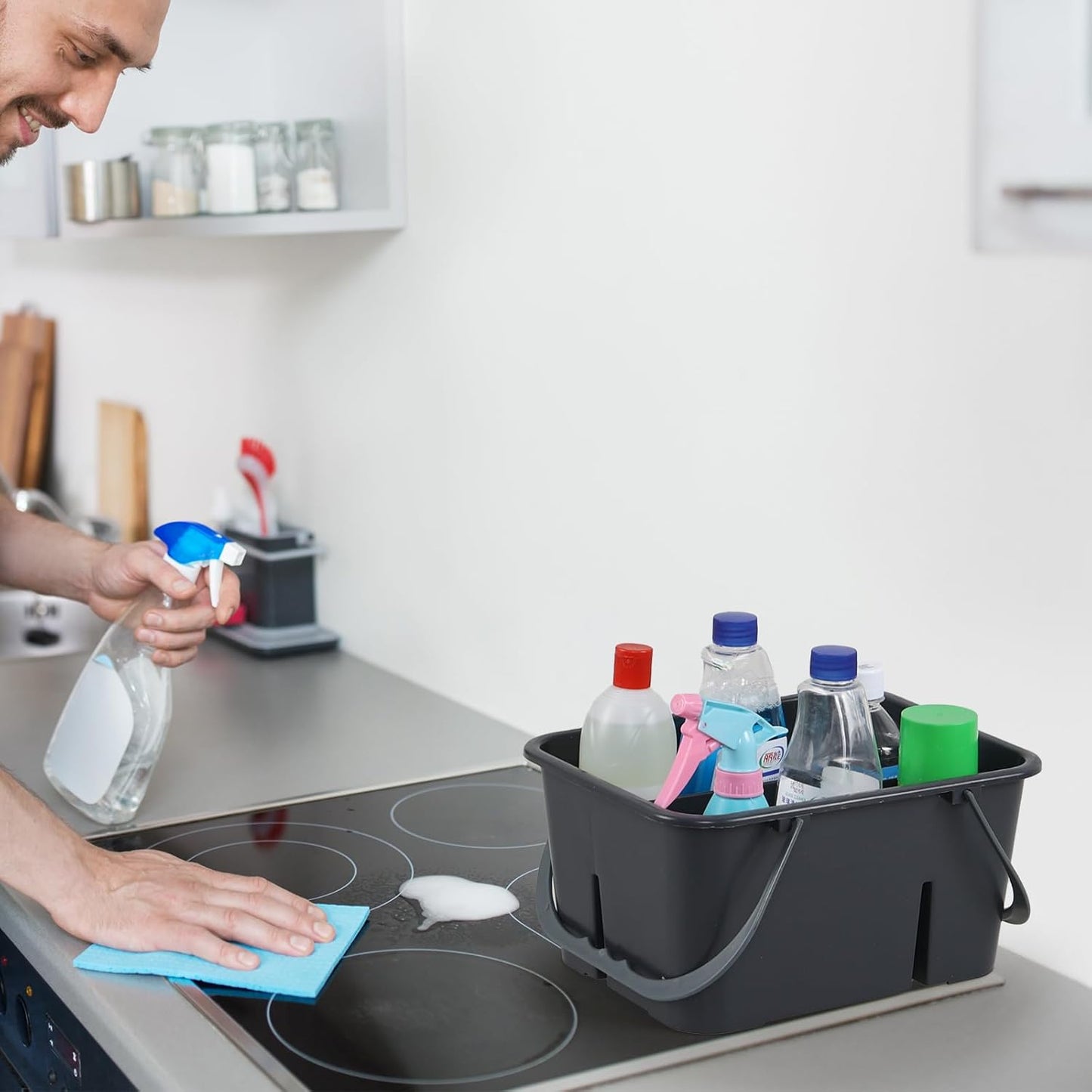 Plastic Cleaning Supply Caddy with Handles, Multi Compartment Storage Caddy Basket, Grey