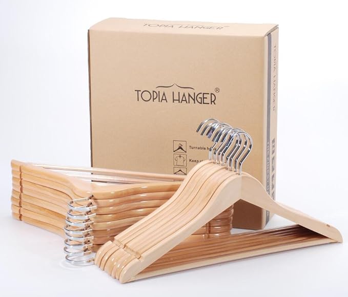 TOPIA Premium Wooden Hangers with Extra Thick Hook and Non Slip Pants Bar, Luxury Suit Hangers for Closet with Notches for Shirts - 16 Pack - CT01N