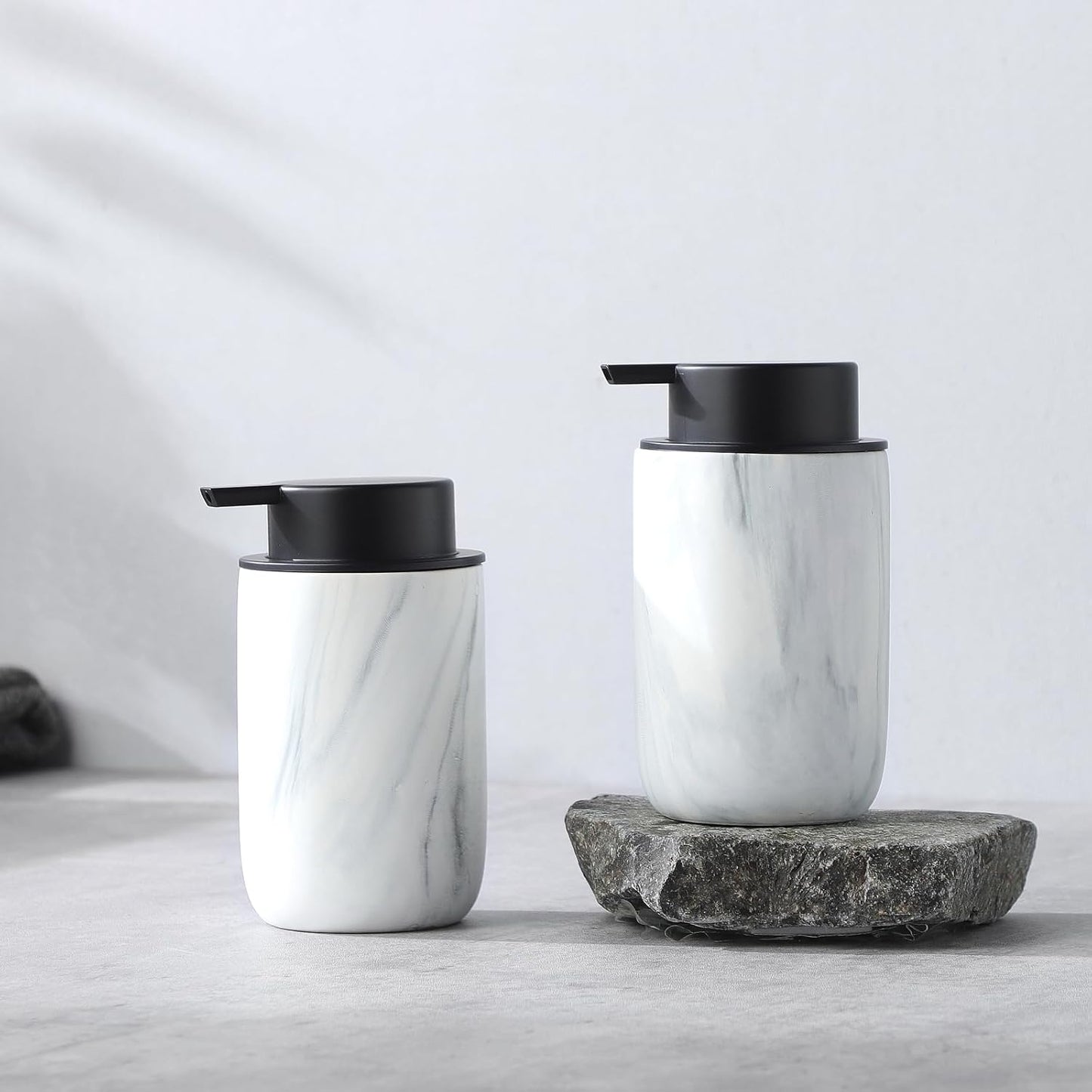 Marble Foaming Soap Dispenser Set - 2 Pack White Marble Ceramic Foam Dish Hand Soap Dispenser with Black Pump for Bathroom, Bathroom Dispenser Set for Modern Home Farmhouse Decor