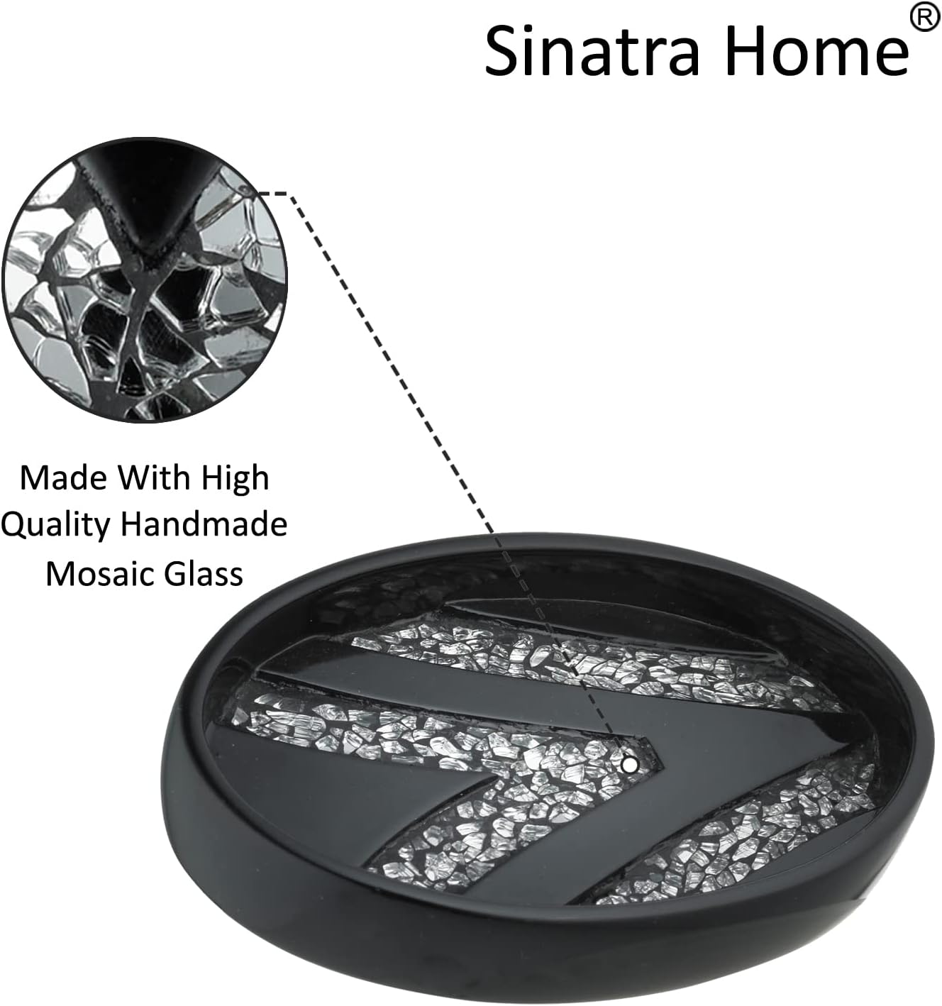 Zahari Home 4pc Sinatra Stylish Bathroom Accessories Set Black Soap Dispenser/Lotion Pump, Tumbler, Tooth Brush Holder and Soap Dish Modern Luxury Decor Bling Mosaic Glass Black Bathroom Accessories