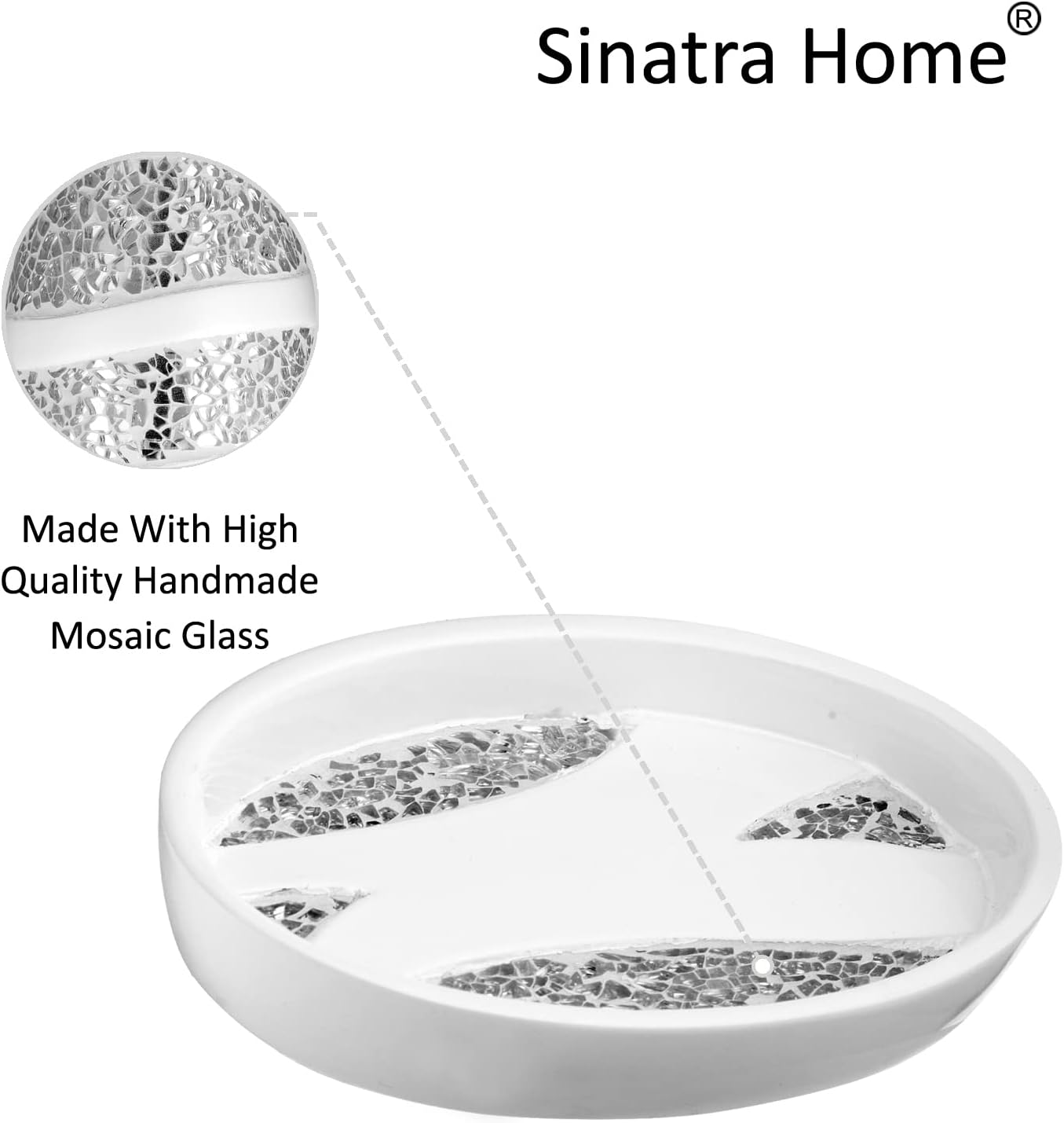 Zahari Home 4pc Sinatra Stylish Bathroom Accessories Set White Soap Dispenser, Tumbler, Tooth Brush Holder and Soap Dish Modern Classic Luxury Decor Bling Mosaic Glass White Bathroom Accessories