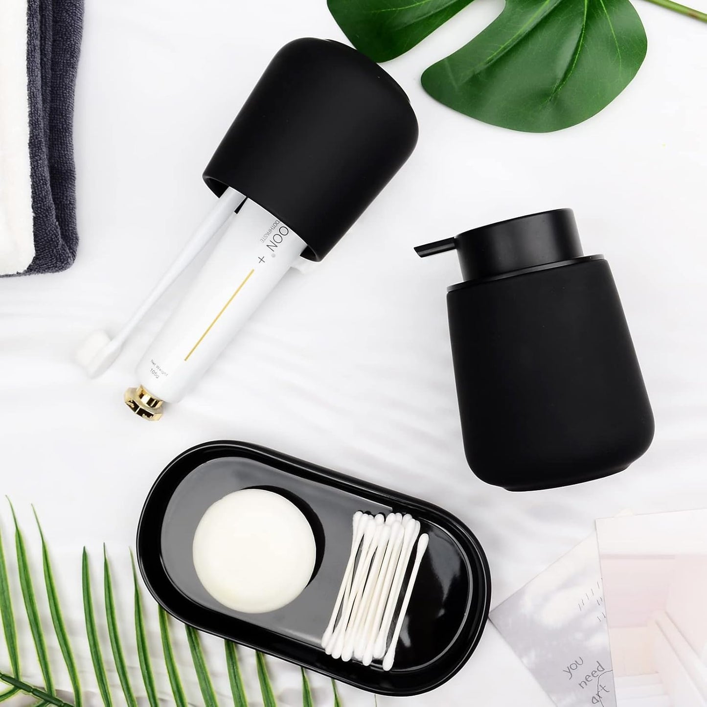 Black Bathroom Accessories Set 3 pcs - Ceramic Foaming Bathroom Soap Dispenser Set Farmhouse Black Bathroom Decor, Foam Soap Dispenser and Toothbrush Holder/Tumbler Cup, Tray