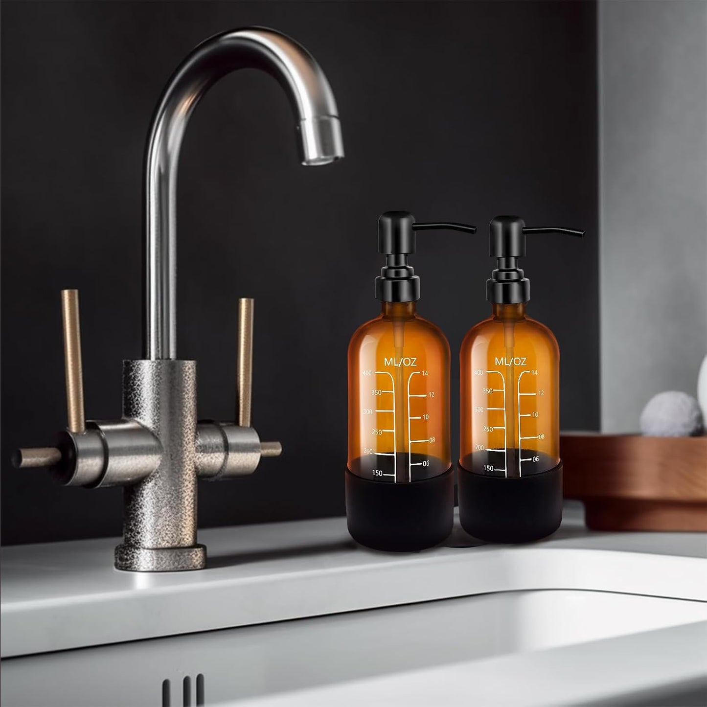 16oz Amber Glass Soap Dispenser with Stainless Steel Pump and Silicone Base for Kitchen and Bathroom