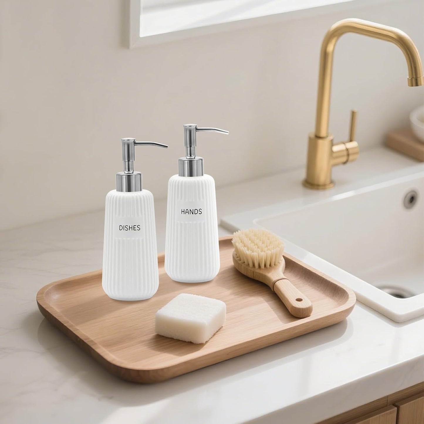 Kitchen Soap Dispenser Set with Stainless Steel Pump and Funnel, Modern Ceramic Refillable Hand and Dish Soap Dispenser Set for Kitchen, Bathroom, Office, Hotel, Matte White