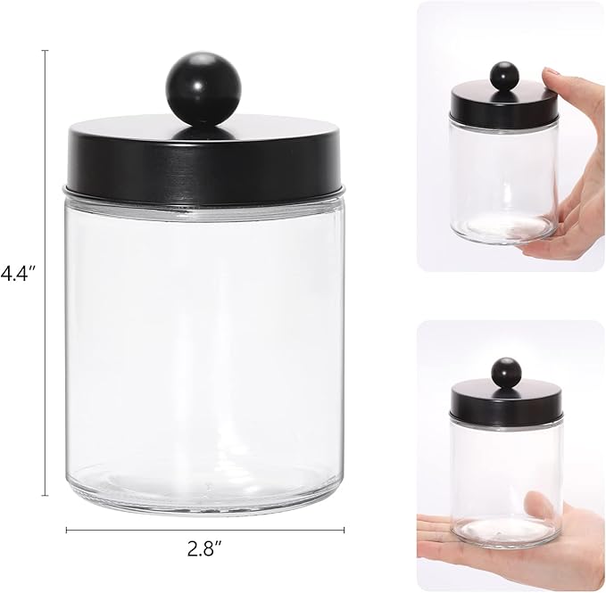 Tbestmax Glass Qtip Holder Dispenser, 10-Ounce Bathroom Containers Apothecary Jars with Metal Lids for Cotton Ball Swab Pad, Black (4 Pack)