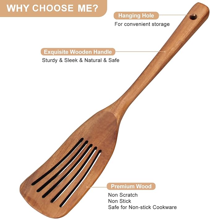 2 Pack Wooden Non Toxic Spatulas for Kitchen Utensils Set Acacia Wood Cooking Spatula Flat Wok Pancake Turner Bamboo Slotted Spoon for Cooking Utensil Spurtle Scraper Long Fish Egg Flipper Spatulas