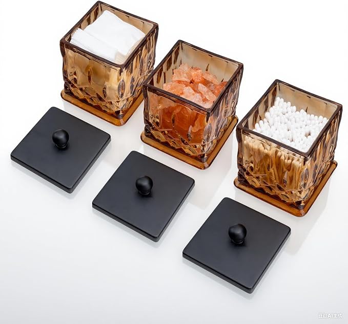 Qtip Holder,15Oz Amber Glass Apothecary Jars with Matte Black Lids for Bathroom Organization & Desk Storage,Thick Glass Apothecary Jars for Q-Tips,Cotton Rounds,Jewelry,Candy,Square