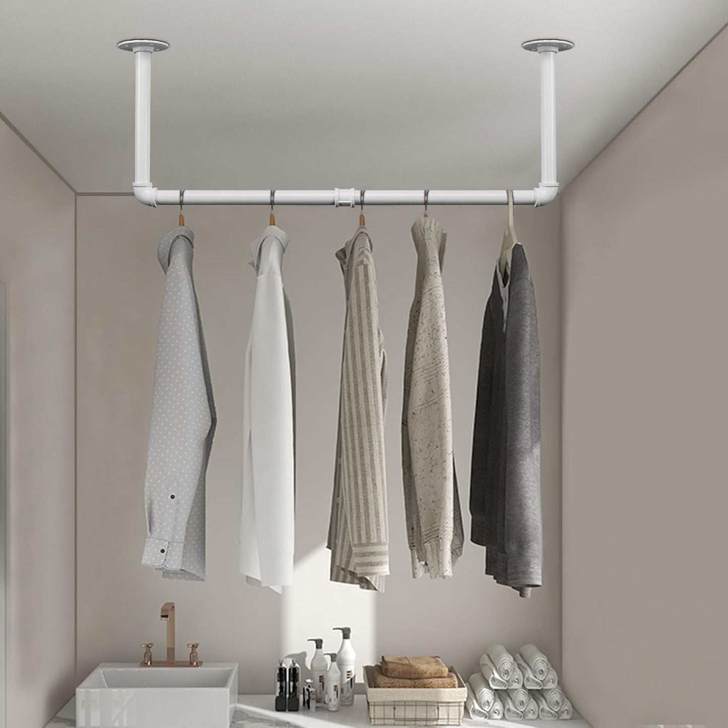 Industrial Iron Pipe Clothes Hanging Bar DIY Wall-Mounted Garment Rack Heavy Duty Clothing Rack for Bedroom, Laundry Room, Closet Storage (White 28 inch)