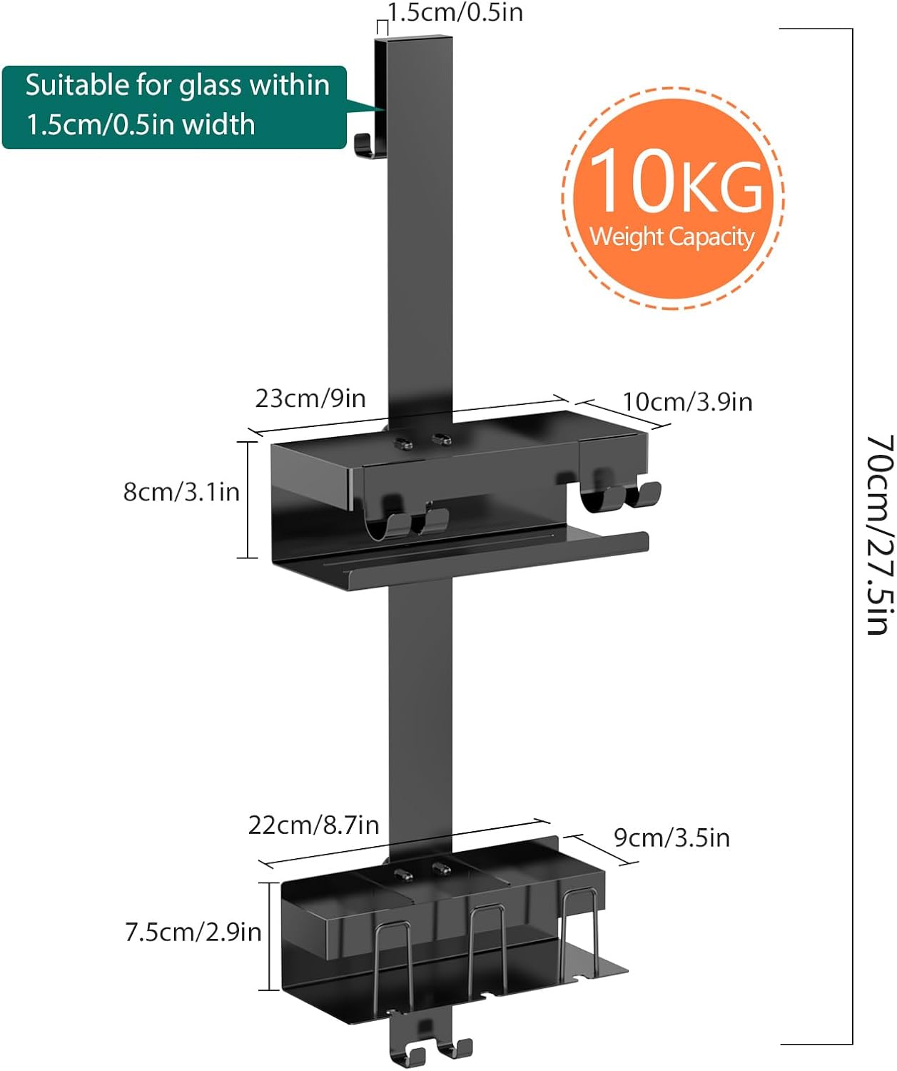 Emibele Over The Door Shower Caddy 2 Tier, 304 Stainless Steel Hanging Shower Caddy Rustproof Shower Shelves, No Drilling Hanging Shower Organizer for Bathroom Glass Door, Black