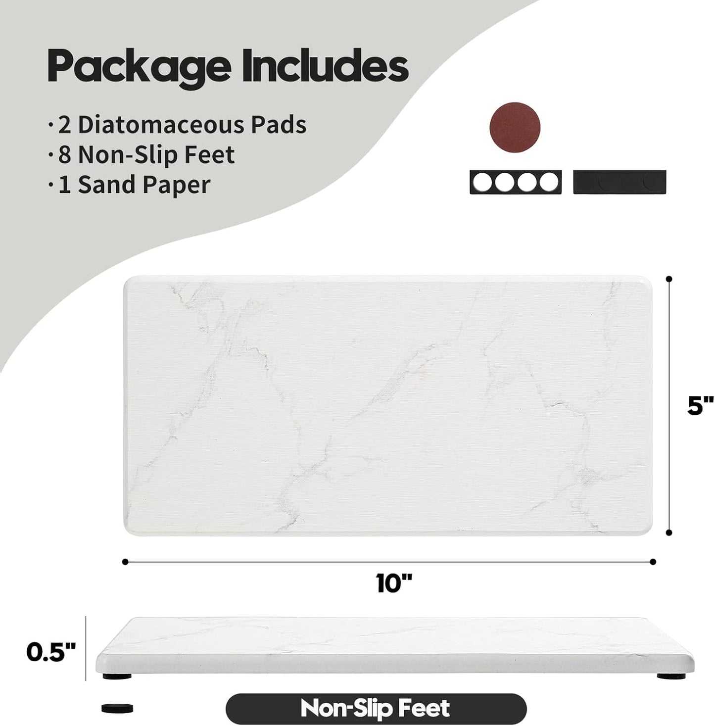 2PCS 10"x 5" Large Bathroom Sink Vanity Trays, Water Absorbing Diatomite Stone Quick Drying Mat for Kitchen Counter, Dish Rack Dispensers Sponge Holder Caddy Organizer, Marble White, 10"x 5"