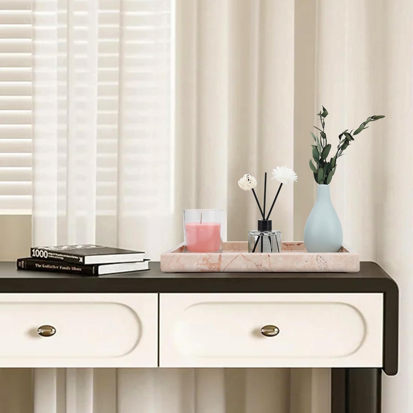 Marble Bathroom Tray,Pure Natural Vanity Tray,Marble Trays for Kitchen Counter Non-Ceramic/Non-Resin,Stone Tray 12 x 8 inch (Pink) 