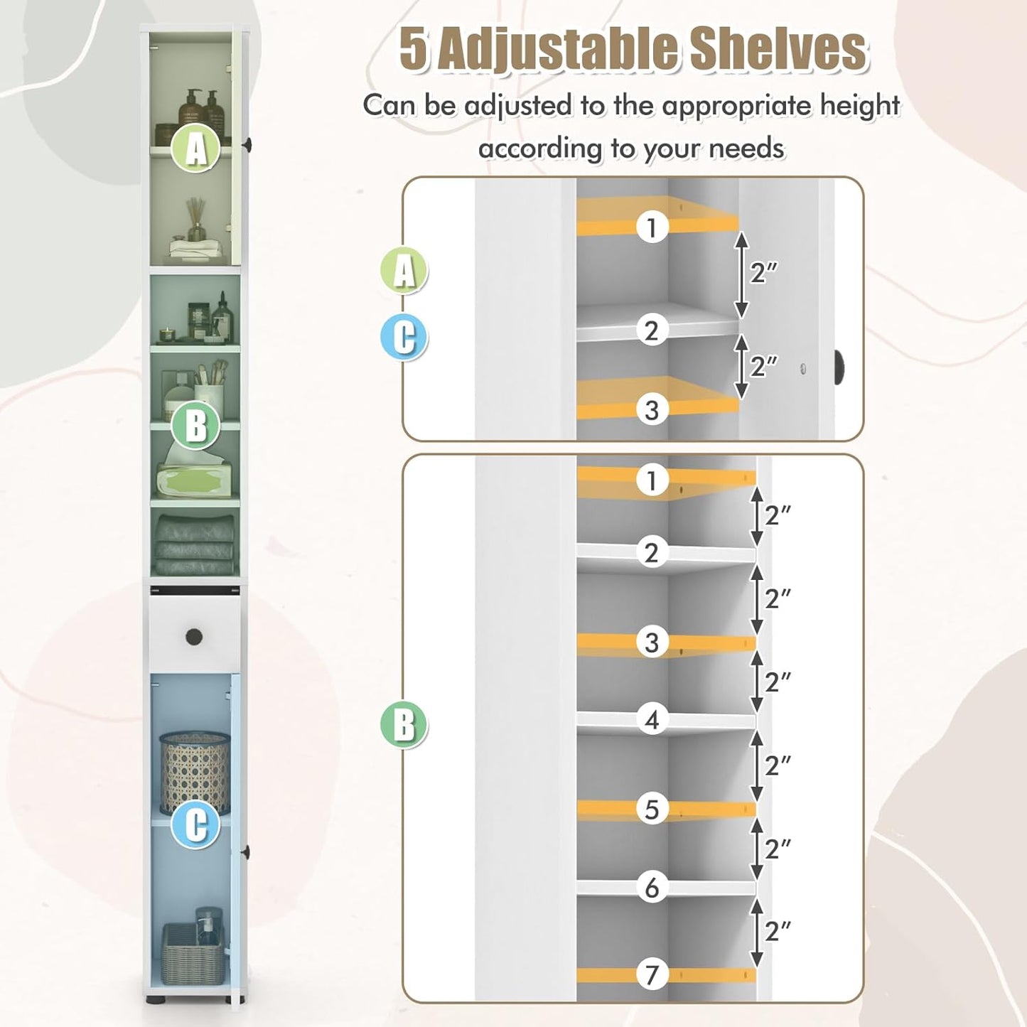 71" Tall Narrow Bathroom Storage Cabinet, Modern Skinny Toilet Paper Storage Organizer w/1 Drawer, 2 Doors & 5 Adjustable Shelves, Slim Tower Floor Cabinets for Small Spaces