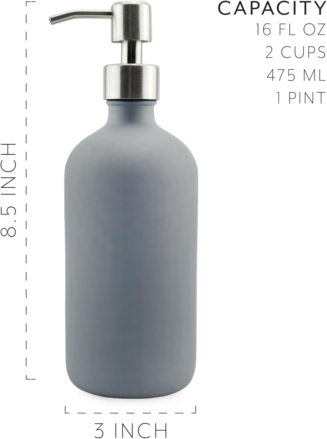 Cornucopia Brands 16oz Gray Pump Bottles (2-Pack); Gray Coated Glass Soap Dispenser Pump Bottles for Lotion, Hand Care & Liquid Soap