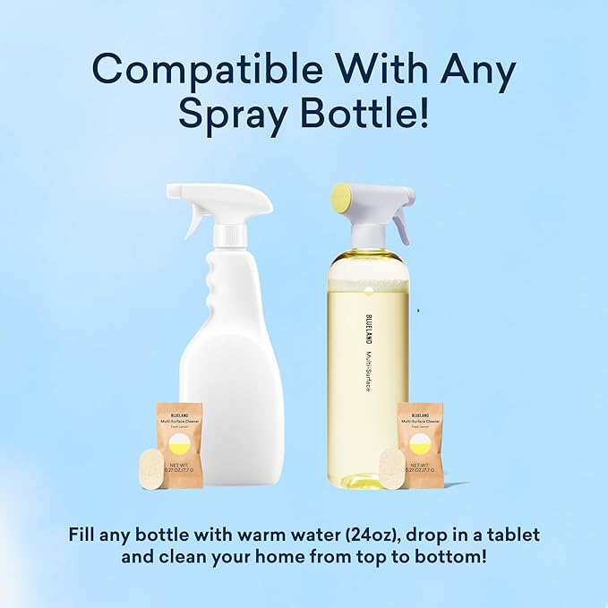 BLUELAND Multi-surface Cleaner, Starter Set, Fresh Lemon Scent, Spray Bottle with 4 Refill Tablets, All-Purpose, Eco-Friendly Cleaning Supplies, 4 x 24 Fl oz